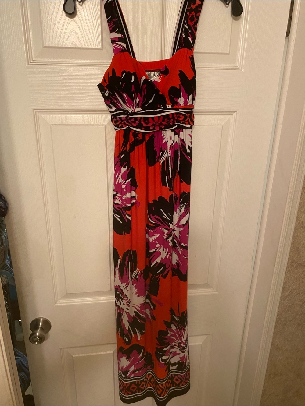 Olivia Matthews Orange Maxi Dress with Pink and Black Floral Print